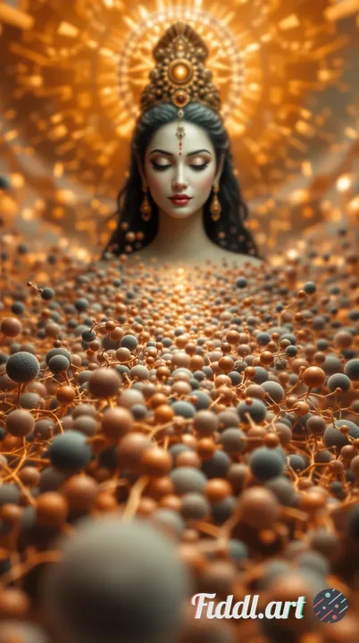  image of mitochondria with a copper color and mother kali in a protective stance in the background 