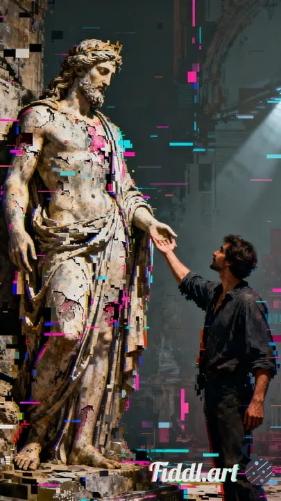 entropic decay, glitch art, man touching god.