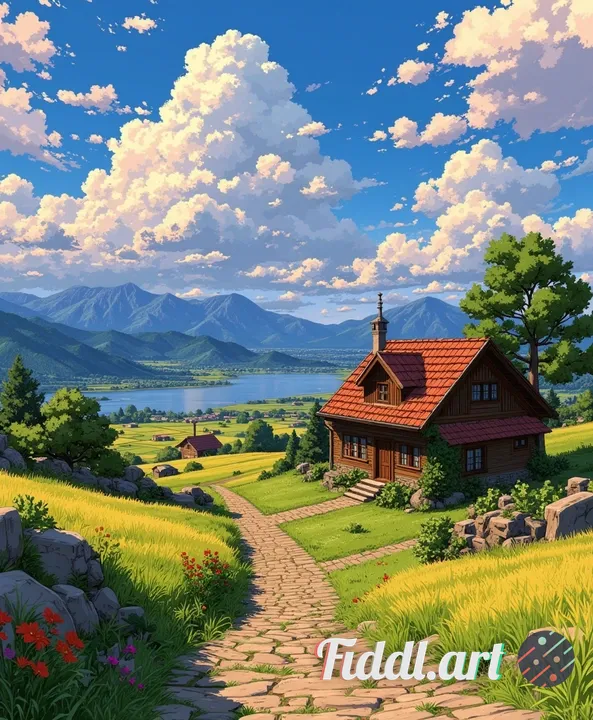 A breathtaking countryside town in vivid colors, glowing rim-light, warm dreamy atmosphere. A cozy w