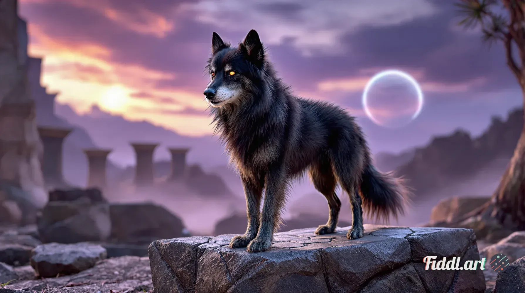 Generate a hyper-realistic photo of a Loth-wolf in a sacred, spiritual setting on Lothal. The creatu