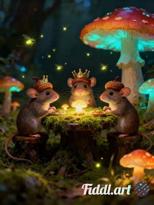 Digital painting of tiny woodland mice wearing acorn caps as crowns, sitting around a mossy table wi