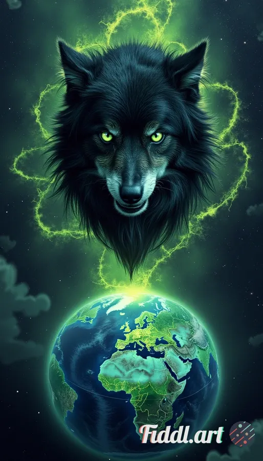 From the vantage of deep space, behold a colossal black wolf’s head emerging from swirling nebulae a