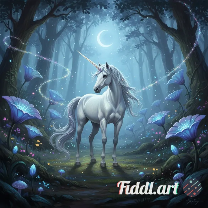 A majestic, unique unicorn with an iridescent pearlescent horn and flowing silver mane, standing in 