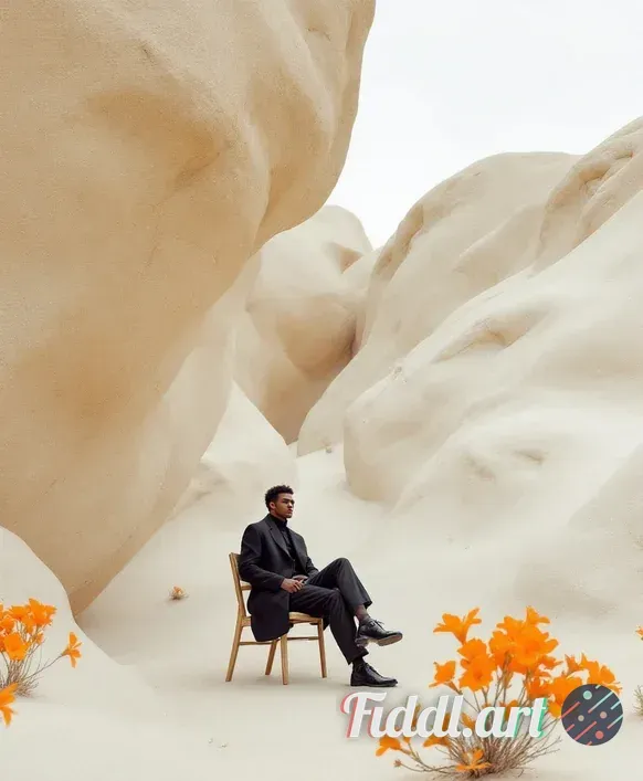 Media Index 0 | A serene desert landscape featuring large, smooth beige rock formations and a burst of orange desert