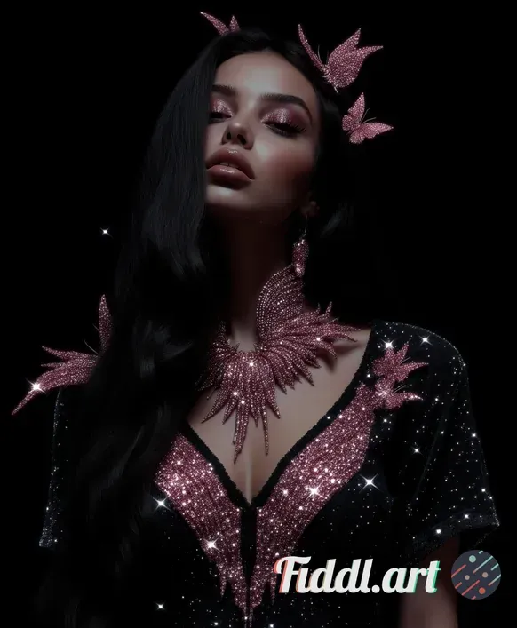 Media Index 0 | A low angle, of a female models portrait, her black long hair is adorned with many pink pearls and b