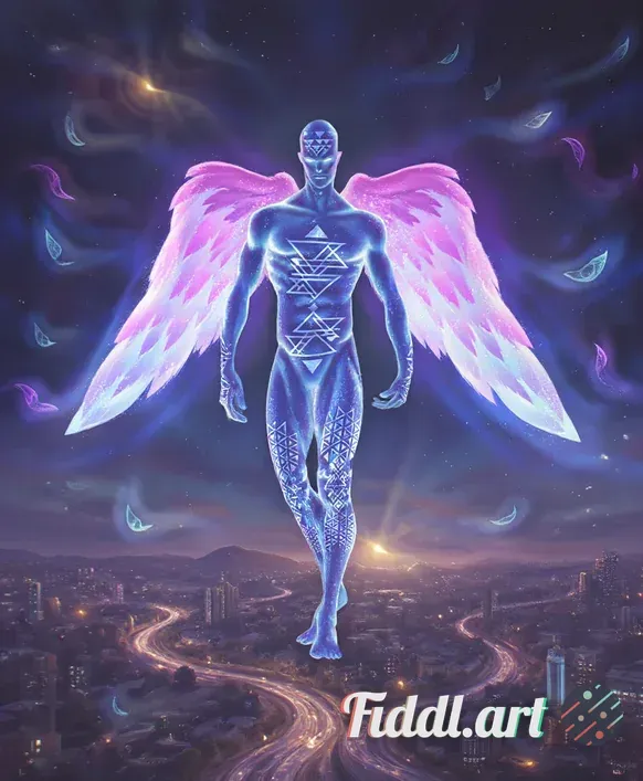 This image portrays a celestial, humanoid figure exuding an ethereal and otherworldly aura, suspende