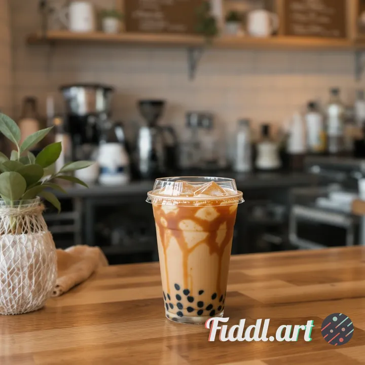 I run a coffee shop business. Generate a photo of an iced coffee on a cozy minimalist aesthetic coff