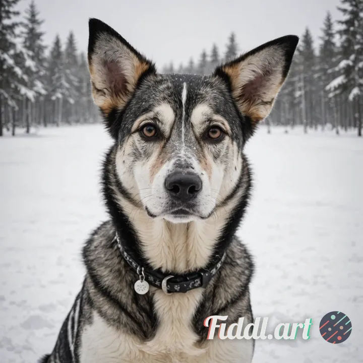 Finnish laphound dog. Left ear is down, right up. Black and white. Eyebrows ar circular.  Make light