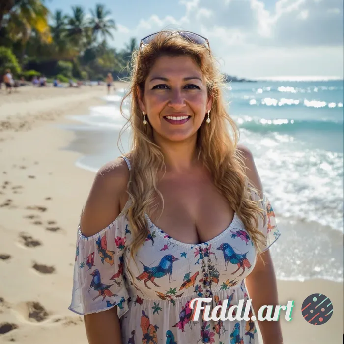 medium shot (chest up), subject ≥ 70–85% of frame, eyes near top third, tropical shoreline with gent