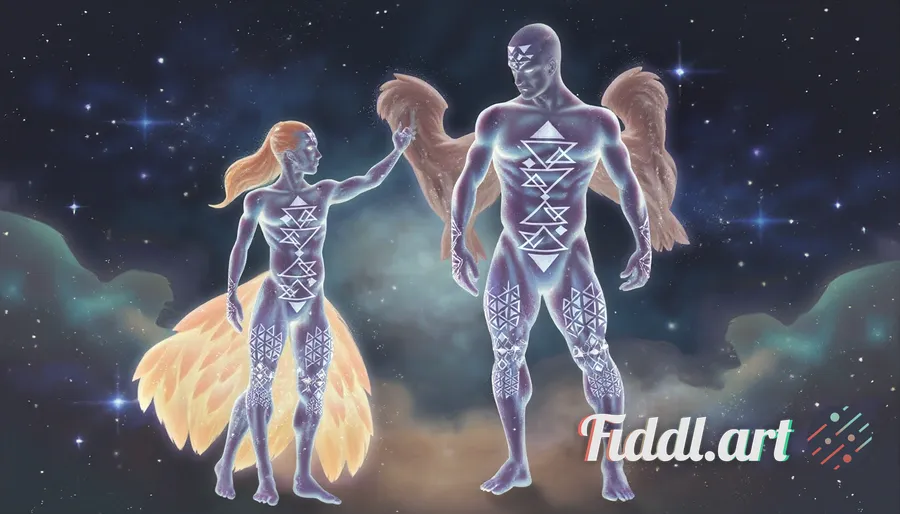 In a dramatic celestial realm, a luminous humanoid figure with ethereal features, draped in flowing 
