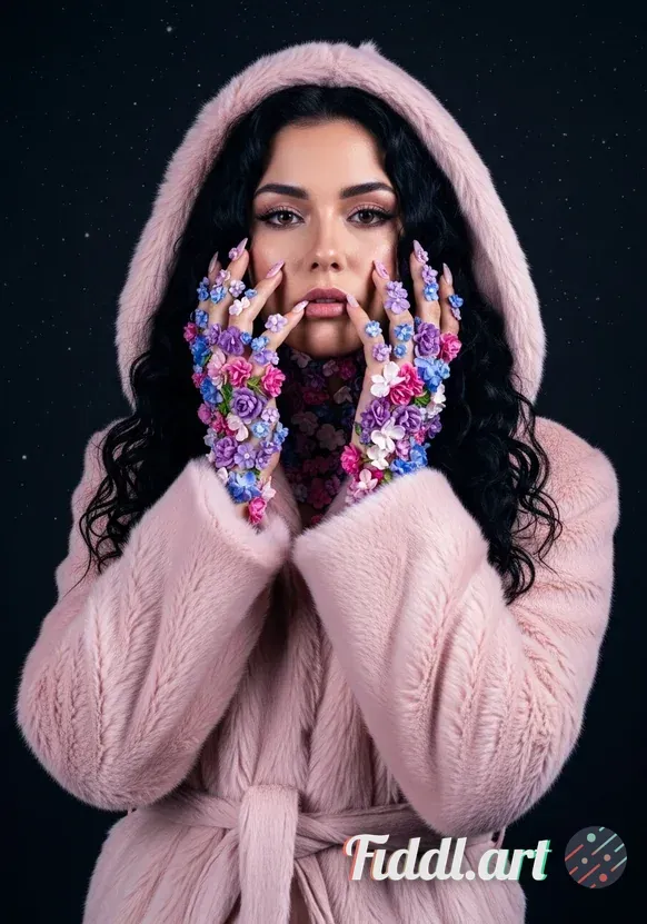 Media Index 2 | female model with light pink fur jacket with a hood on touching her face with hands made out of gent
