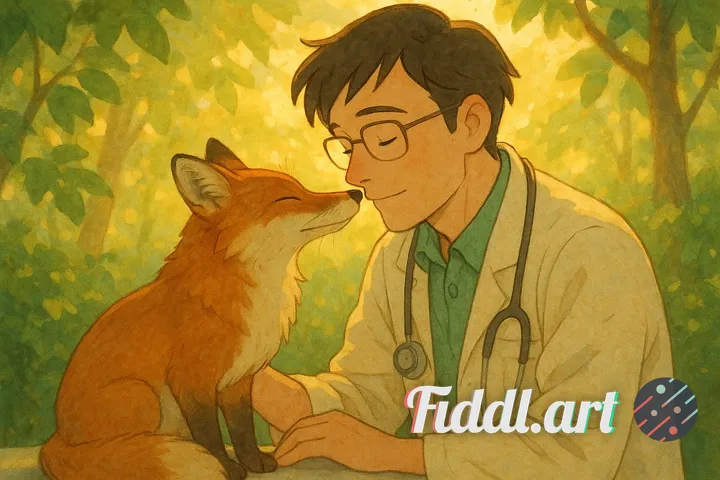 A kind veterinarian shares a silent moment of trust with a rehabilitated fox, soft sunlight filterin