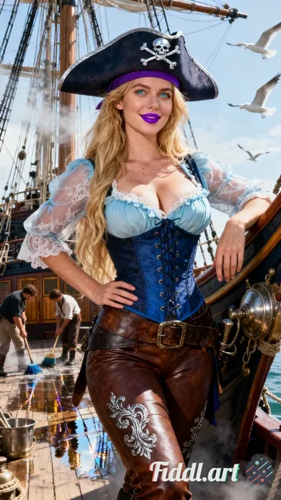 Ultra-realistic portrait of a female pirate with long, waist-length golden hair and piercing, light-