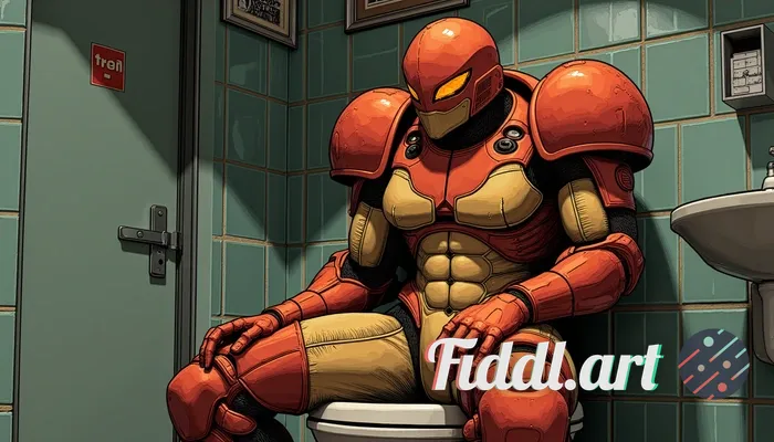 Samus from metroid sitting on a toilet, thick thighs, huge areolas