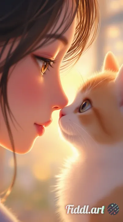 A soft and emotional anime illustration of a girl and a cat gently touching noses, very close-up com