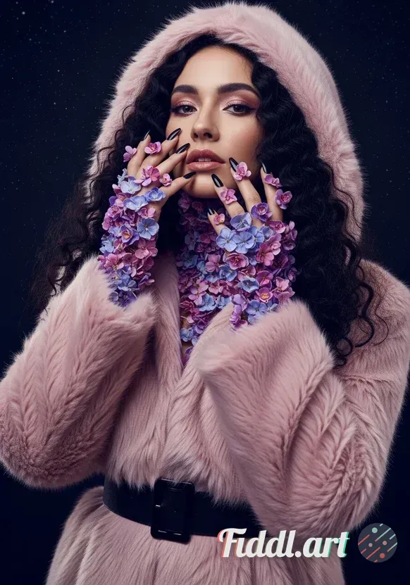Media Index 1 | female model with light pink fur jacket with a hood on touching her face with hands made out of gent