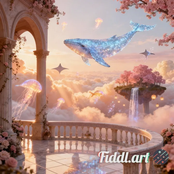 Generate a hyper-detailed, cinematic fantasy sky realm, viewed from a slightly higher angle than the