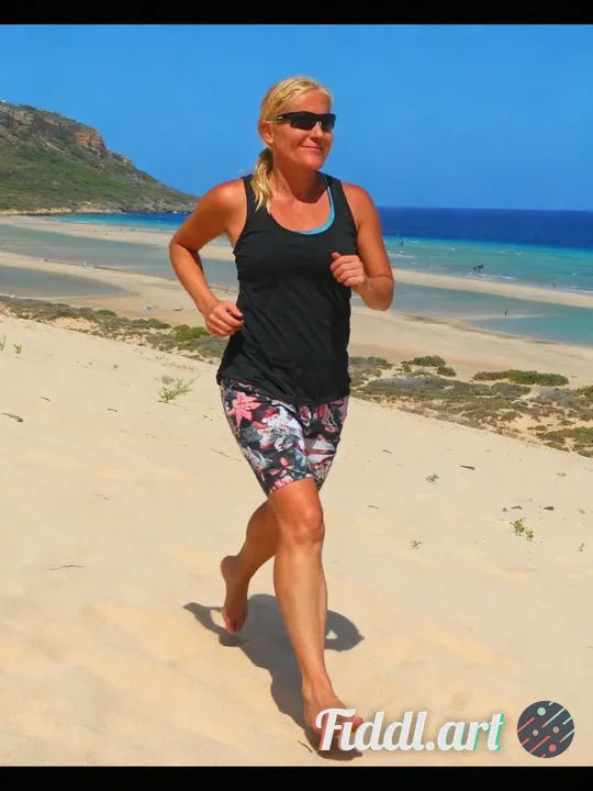 A blond woman running at the beach