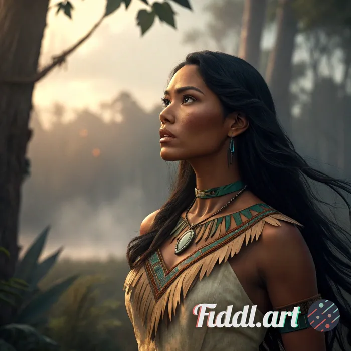 Pocahontas, Cinematic quality, hyper-realistic rendering, rich textures, and high-definition detail.