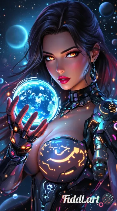 A stunning cinematic 8K ultra-detailed illustration of a beautiful and powerful female space bounty 