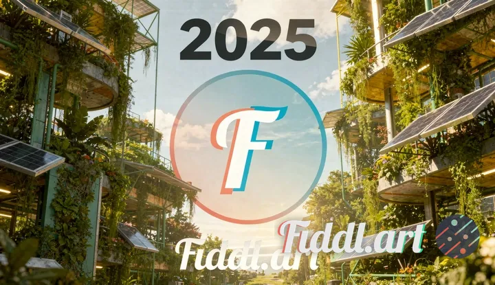 futuristic solarpunk optimistic composition, clean modern aesthetic, centered bold title '2025' in s