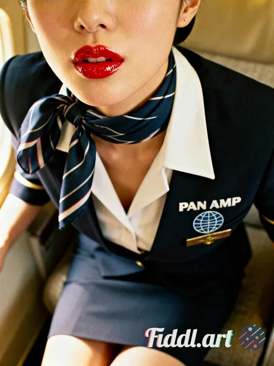 portrait of a sensual japanese stewardess on PAN AM AIRWAYS. natural lighting, cozy background, mood