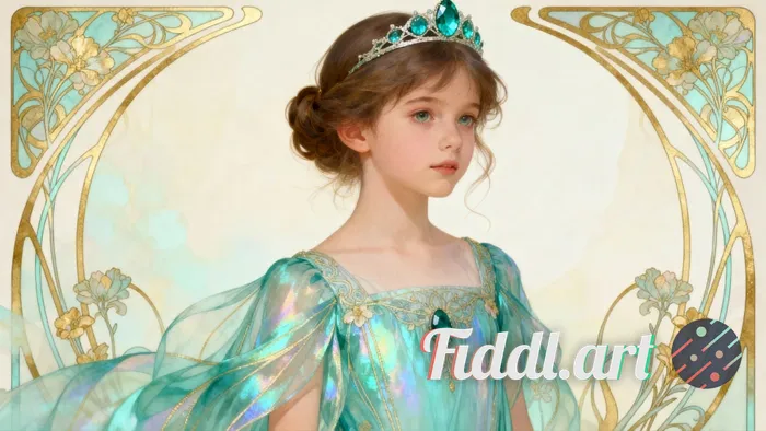 A beautiful young girl, her hair elegantly pinned up and falling softly around her face, wears a del