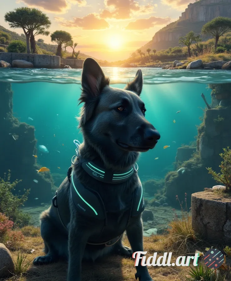 A breathtakingly realistic dog equipped with a sleek, high-tech diving suit adorned with intricate b