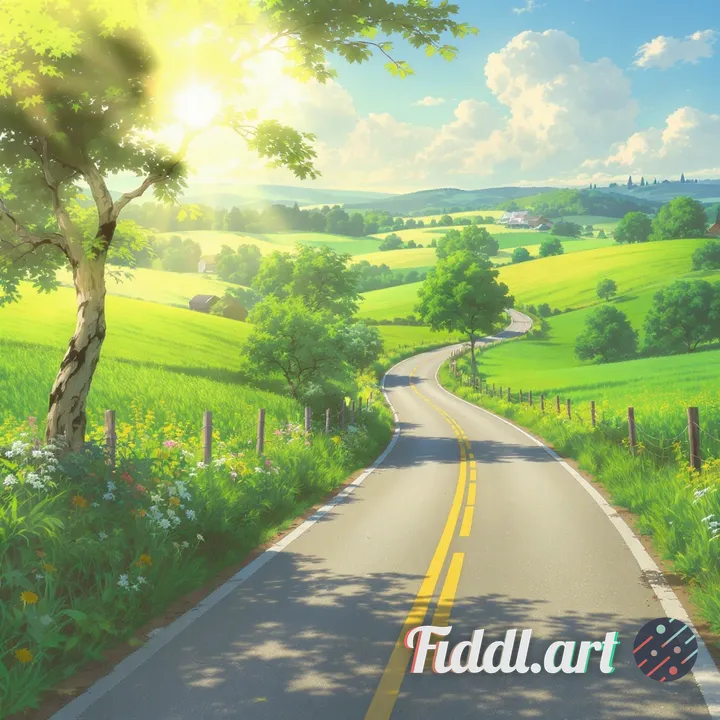 anime countryside road curving through green fields, warm morning sun, soft painterly foliage, clean