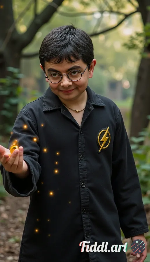 A young man with tousled black hair and round glasses, resembling Harry Potter, stands confidently i