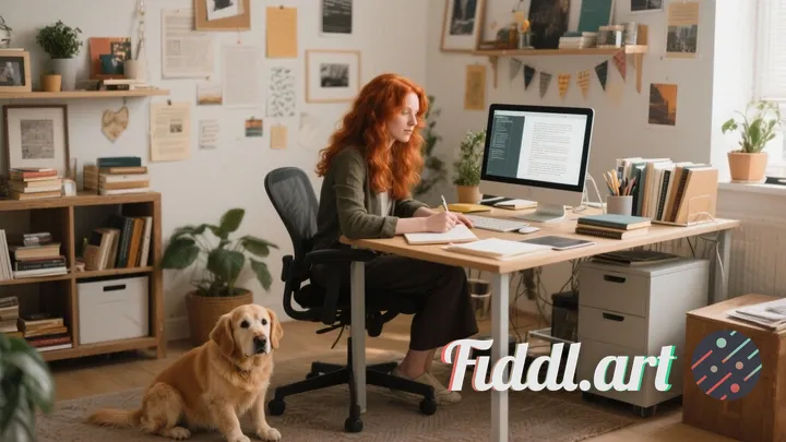 A redhead woman that is a writer. Working on her computer, writing a story. She's in her office, dec