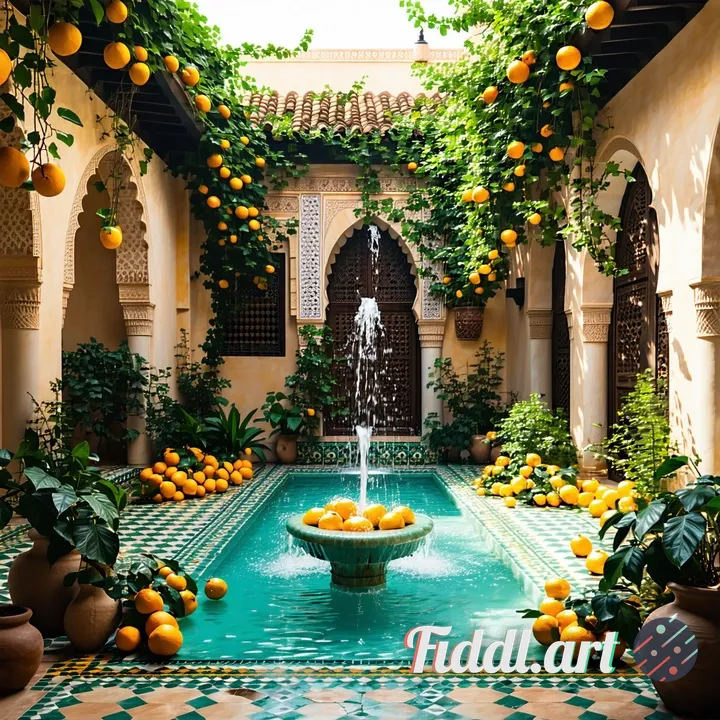 Sunlit Moroccan riad courtyard overflowing with citrus trees and mosaic fountains