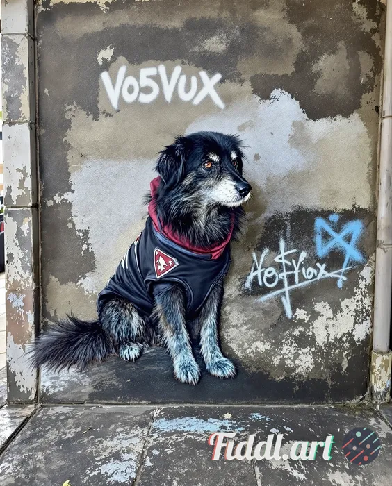 dog as a superhero, high-contrast stencil graffiti, splattered texture, painted on a distressed plas