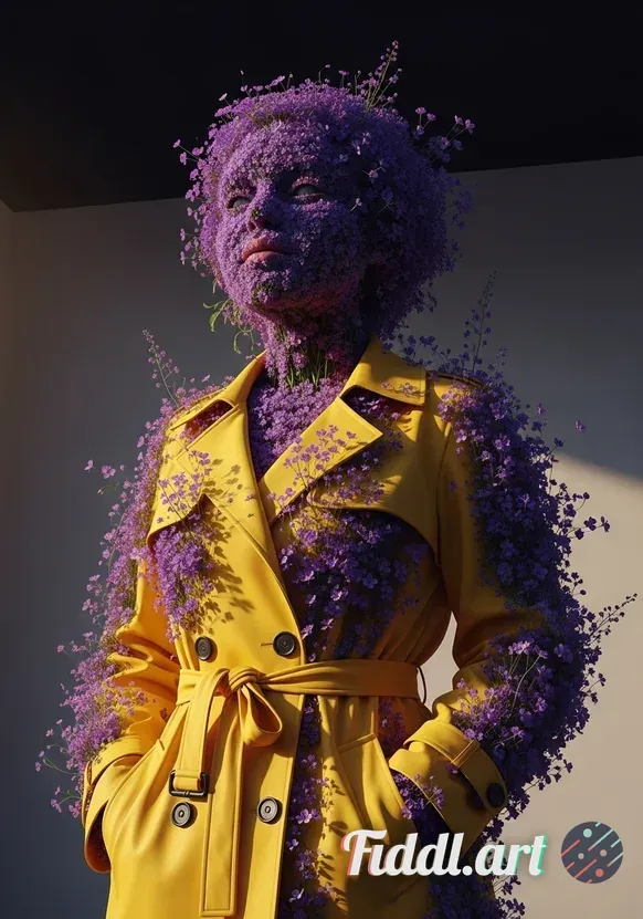 Media Index 0 | Low angle , surreal conceptual portrait of a female figure entirely made of lush purple flowers and 