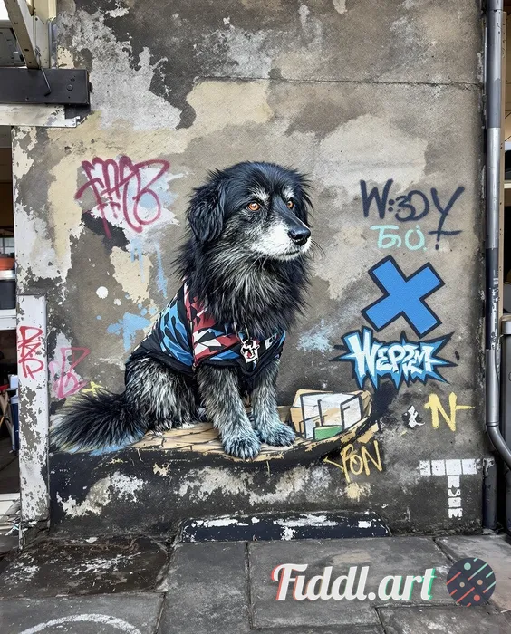 dog as a superhero, high-contrast stencil graffiti, splattered texture, painted on a distressed plas