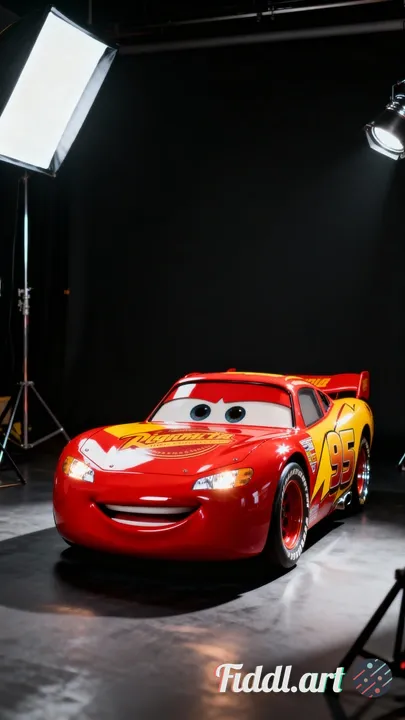 Lightning McQueen in a black studio with controlled lightning 