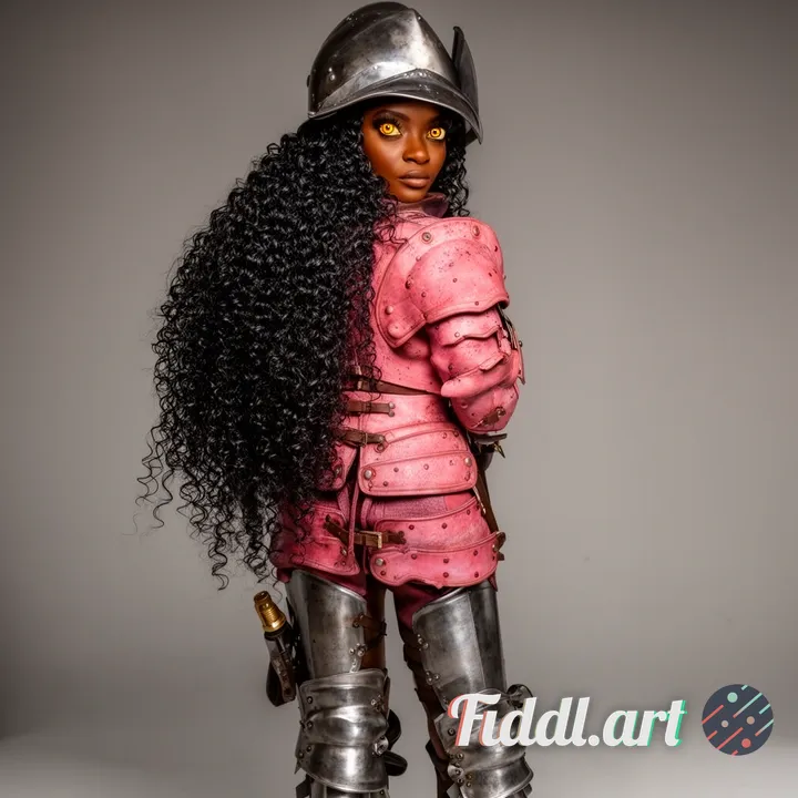 African American, woman, dark brown skin. has long black curly coiled hair, reaches her back. golden