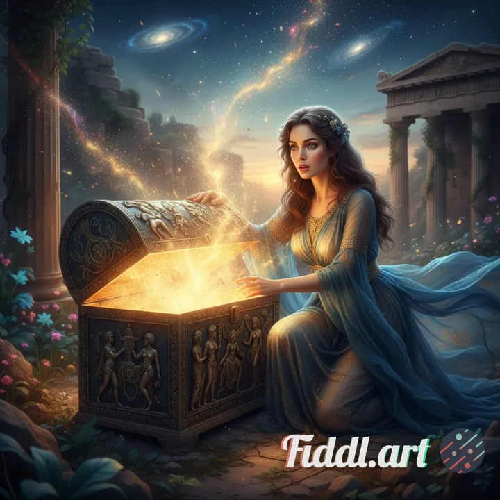A stunningly beautiful woman, embodying the mythical allure of Pandora, opening an intricately carve