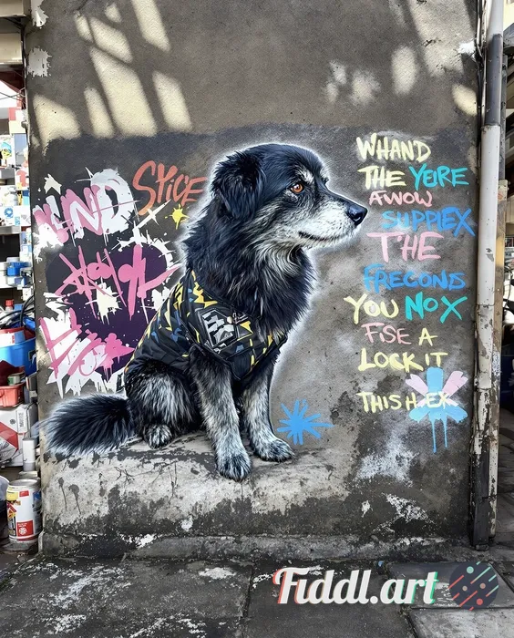 dog as a superhero, high-contrast stencil graffiti, splattered texture, painted on a distressed plas