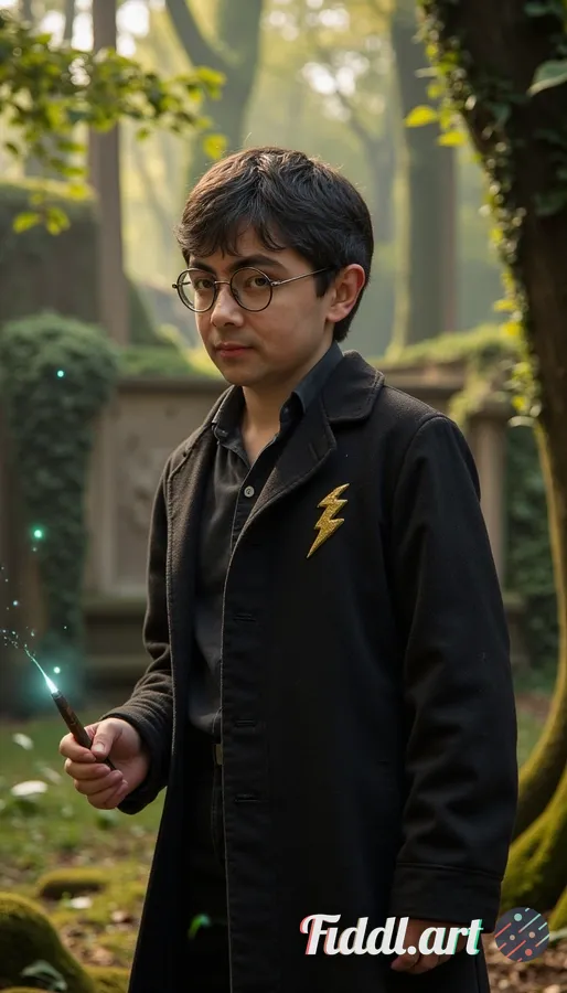 A young man with tousled black hair and round glasses, resembling Harry Potter, stands confidently i