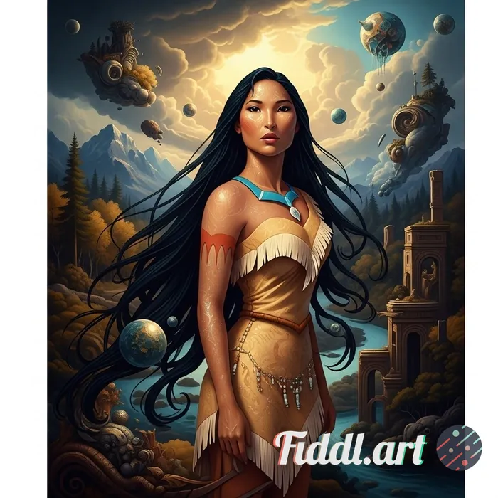 Pocahontas, Cinematic quality, hyper-realistic rendering, rich textures, and high-definition detail.