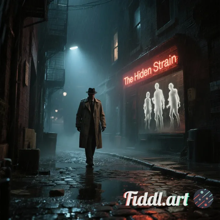 A lone detective in a rain-slicked neo-noir alley at night, shadows cast by a flickering neon sign r