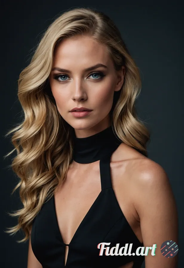 Media Index 0 | A high-fashion portrait of a stunning blonde supermodel in a sleek, form-fitting black mini dress wi