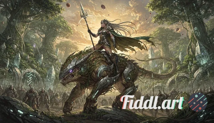 An ancient warrior princess atop a majestic bio-engineered creature, leading her army through a lush