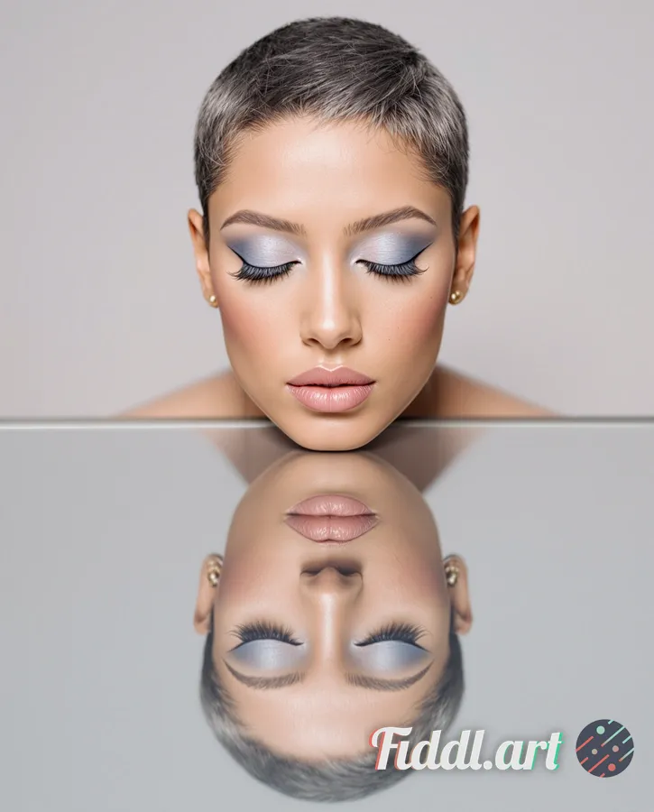 Media Index 0 | A woman with short, sleek hair adorned head on a reflective surface. Her eyes are softly closed, wit