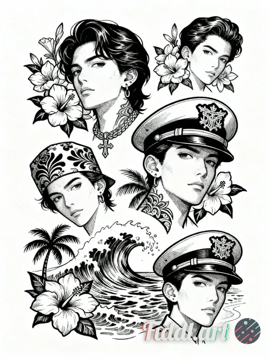 faces and flowers, by Ed Roth, behance contest winner, lowbrow, tattoo sketch of a ocean, with japan