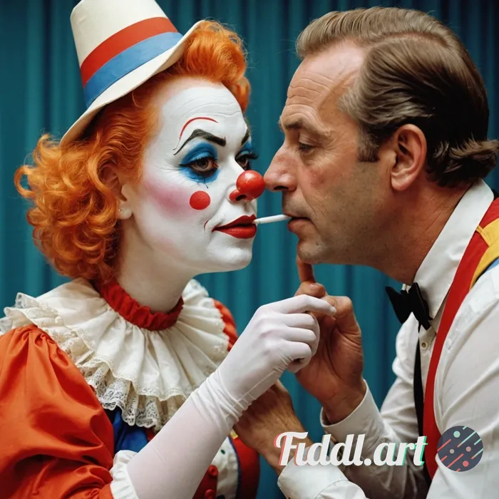 Cartoon female clown in white pantyhose pinching a man’s nose