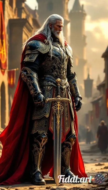 A towering paladin in ultra-ornate black-gold armor, covered in nano-level baroque engravings and sh