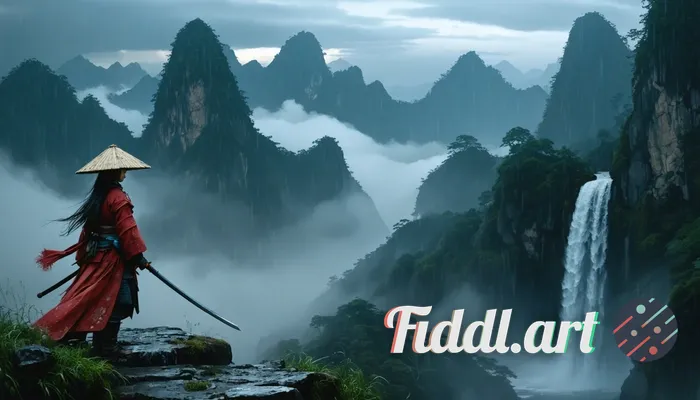 A fierce female samurai wearing a bamboo hat, standing on a misty mountain ridge in heavy rain and d