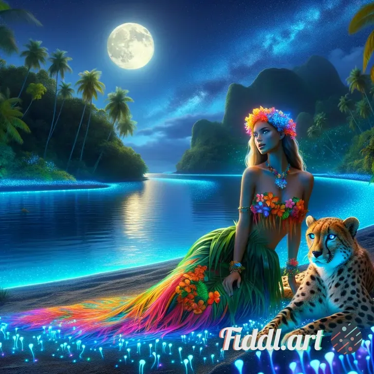An island princess Lounging by a lagoon at night. There is a rainbow cheetah and bioluminescent crea